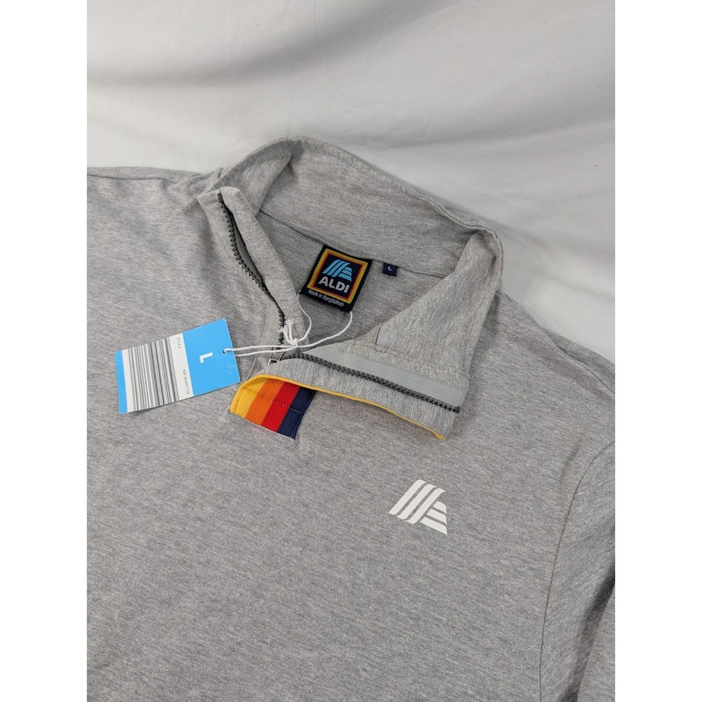 New Aldi 1/4 Zip Gray Pullover Shirt LARGE Rainbow Trim Men Unisex Outdoor